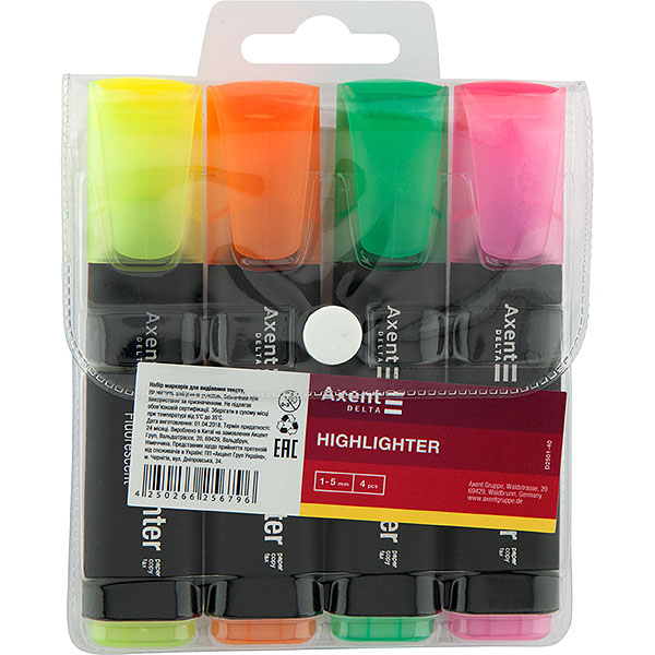 Набір текстових маркерів 4 кольори Axent Delta Highlighter D2501-40